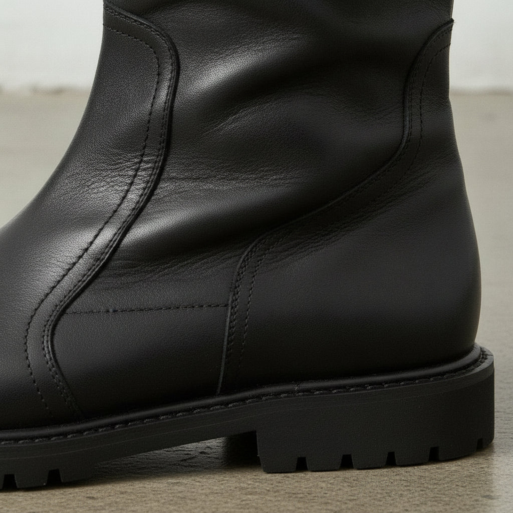 Men's Black Plain-Toe Leather Pull-On Boots