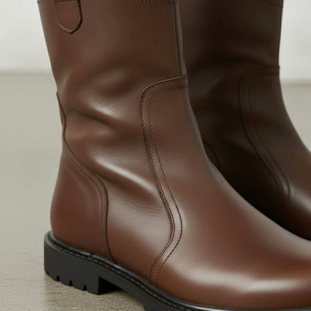Men's Brown Plain-Toe Leather Pull-On Boots