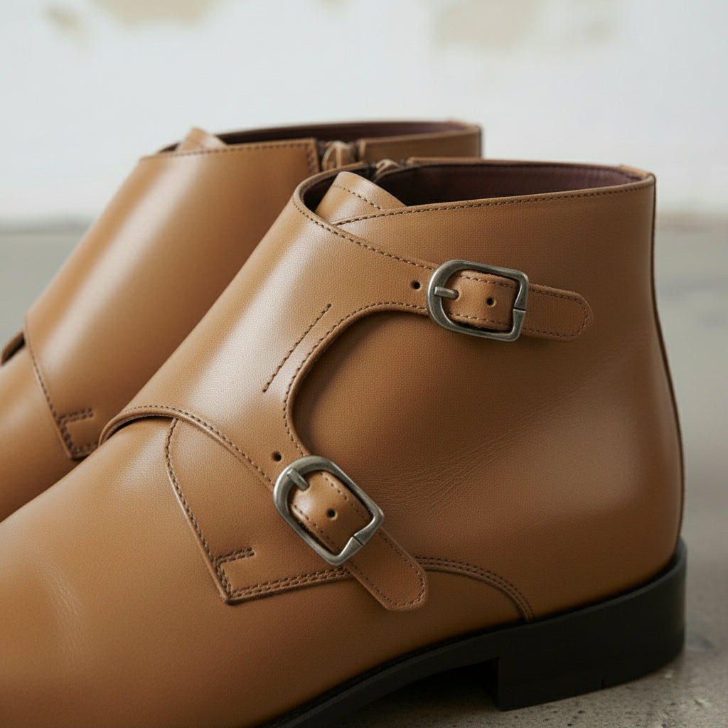 Men's Tan Plain-Toe Leather Double Monk Boots