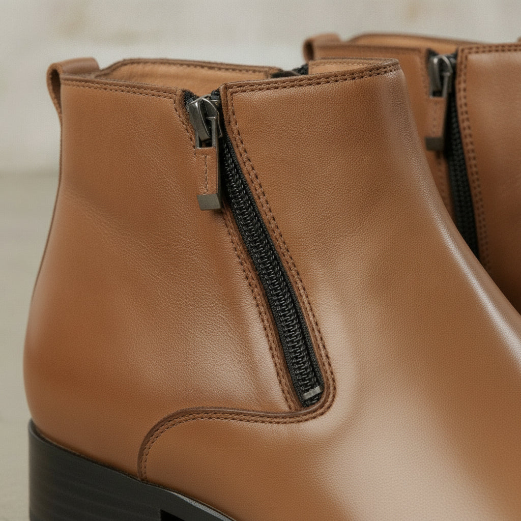 Men's Tan Plain-Toe Leather Ankle Boots