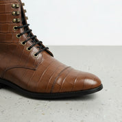 Men's Brown Crocodile-Embossed Leather Lace-Up Boots
