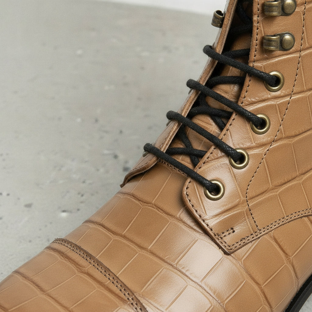 Men's Tan Crocodile-Embossed Leather Lace-Up Boots