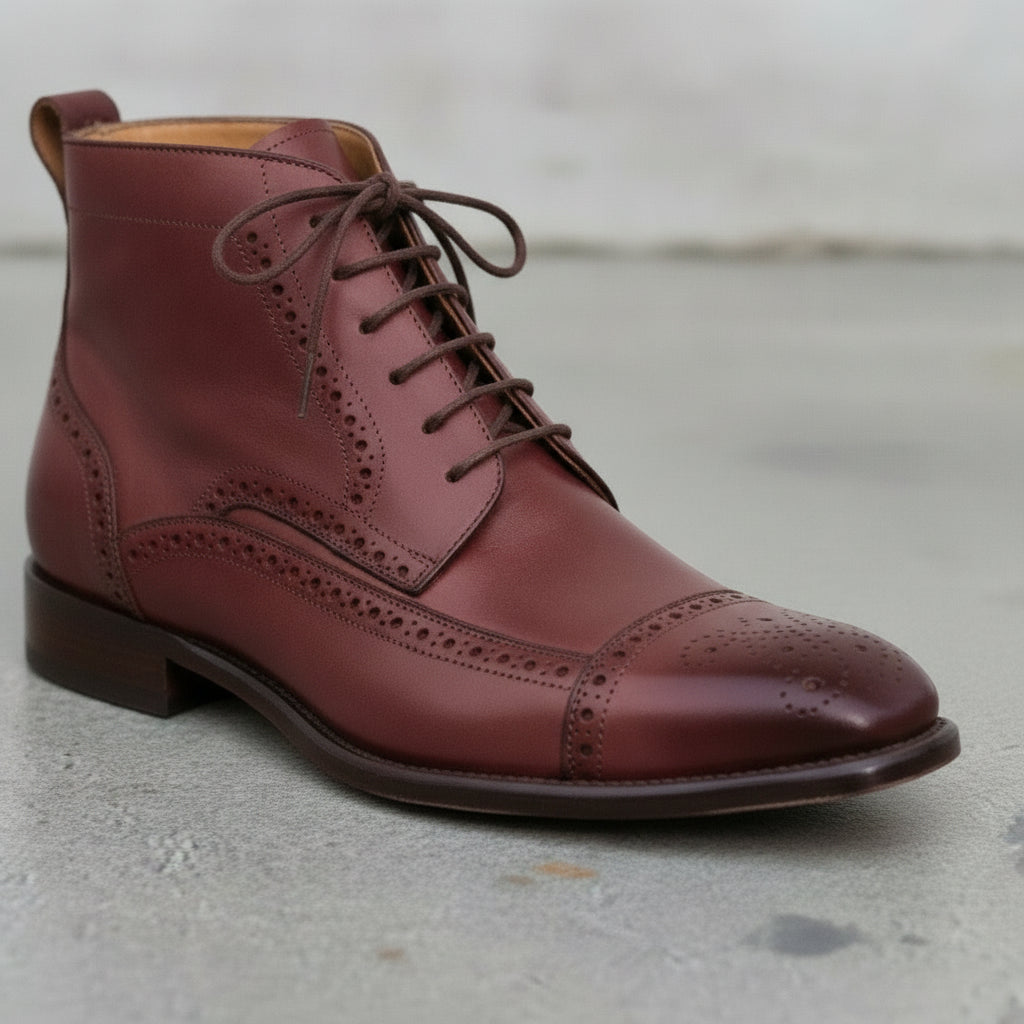 Men's Burgundy Cap-Toe Leather Derby Ankle Boots