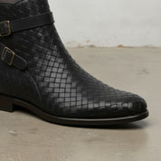 Men's Black Woven Chitai Mat Leather Ankle Boots