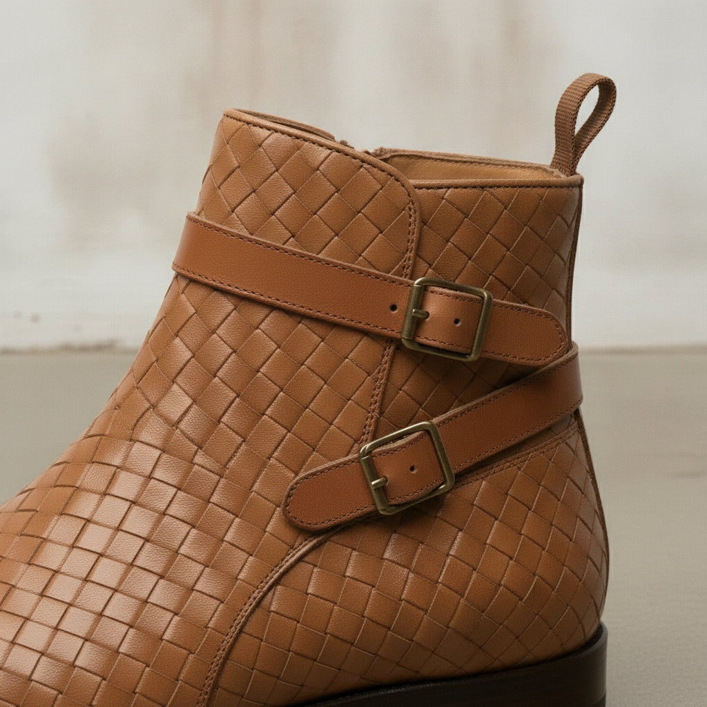 Men's Tan Woven Chitai Mat Leather Ankle Boots