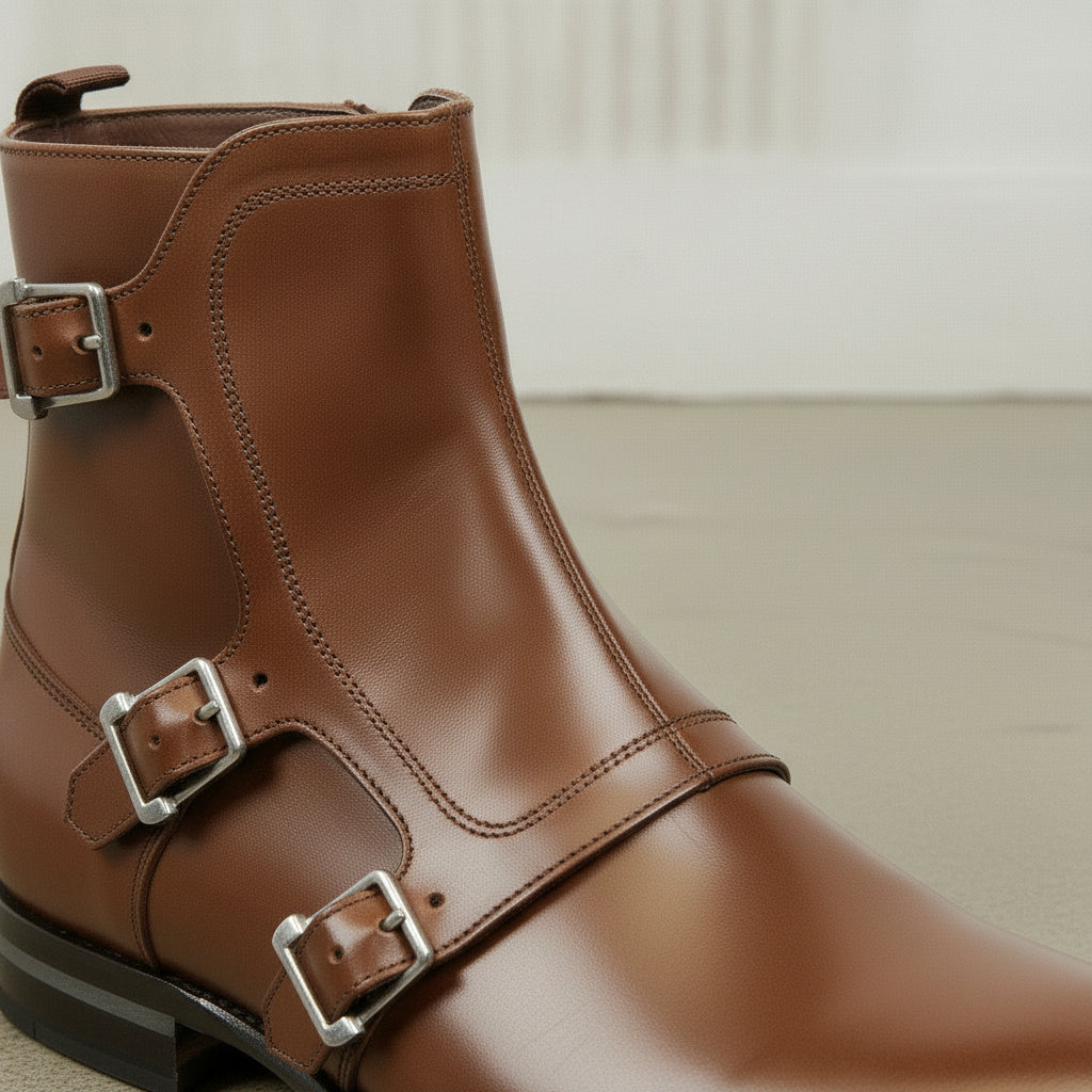 Men's Brown Plain-Toe Leather Monk Boots