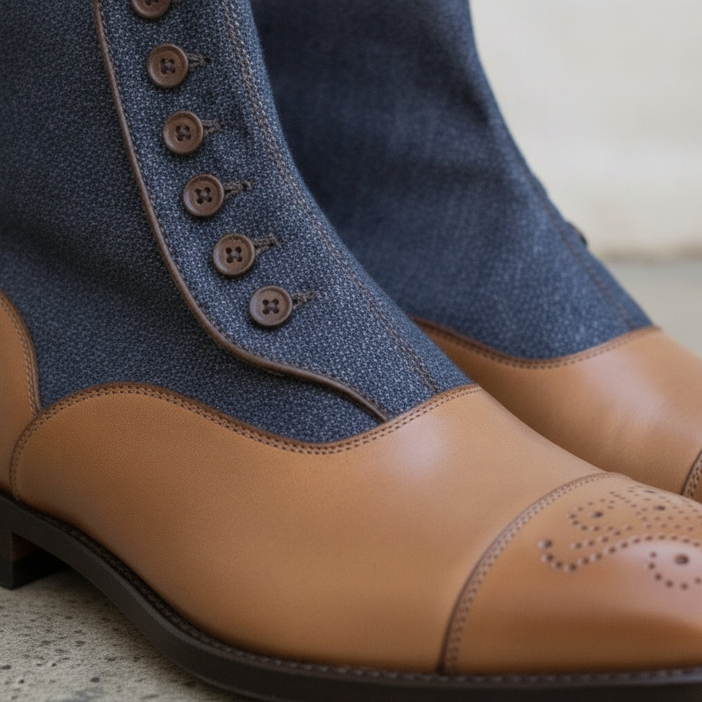 Men's Tan and Blue Leather Button Boots