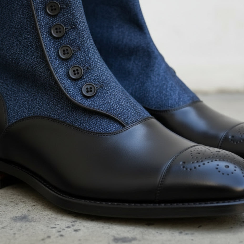 Men's Black and Blue Leather Button Boots