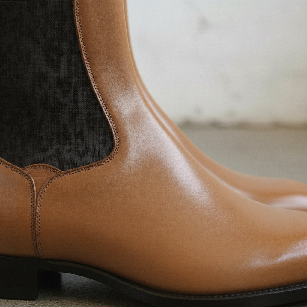 Men's Tan Plain-Toe Leather Chelsea Boots