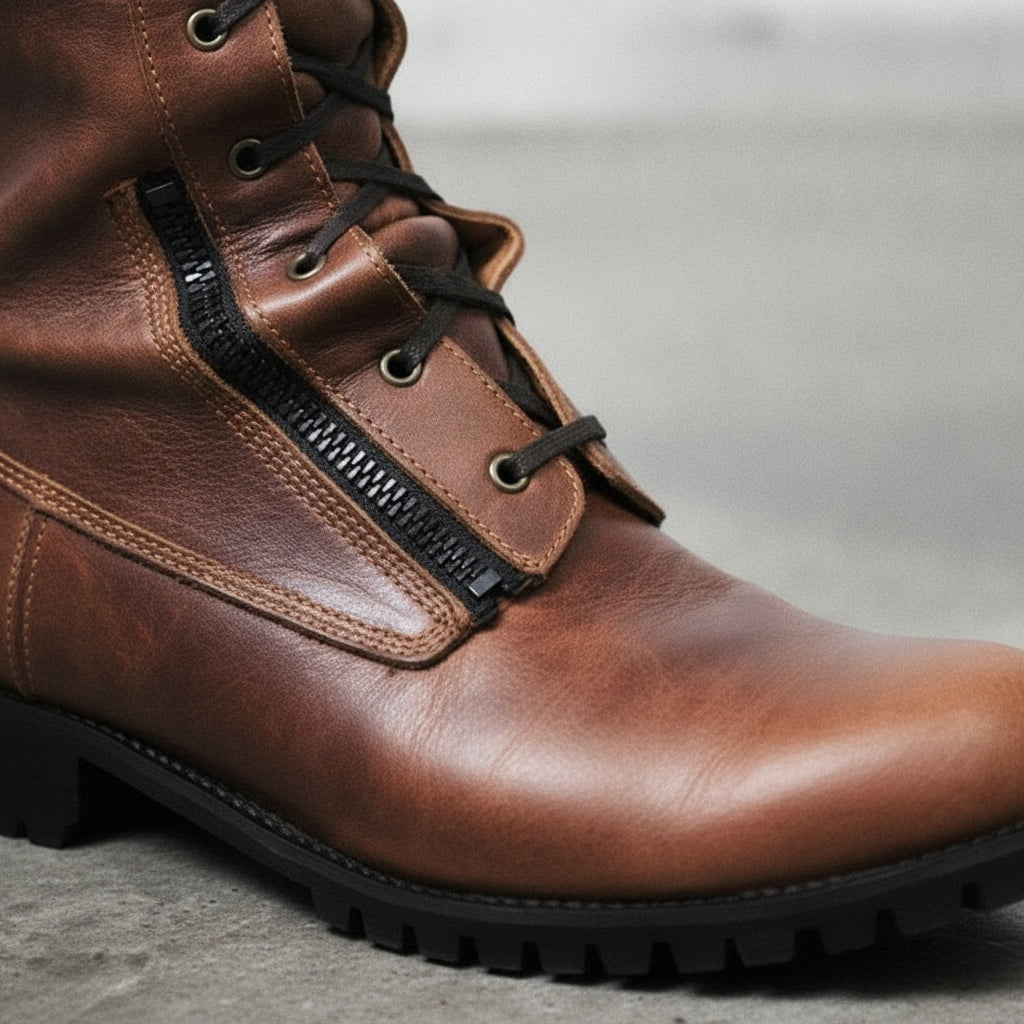 Men's Brown Plain-Toe Leather Combat Boots