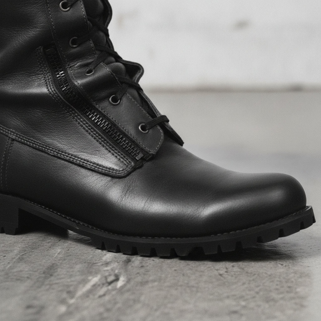 Men's Black Plain-Toe Leather Combat Boots