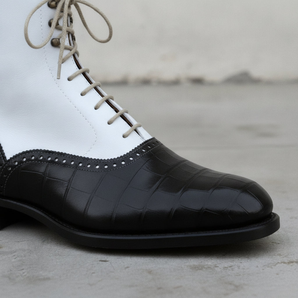 Men's White and Black Crocodile-Embossed Leather Oxford Boots