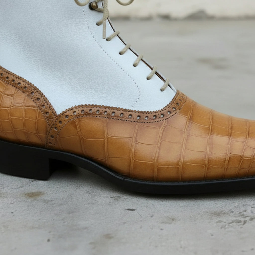 Men's White and Tan Crocodile-Embossed Leather Oxford Boots