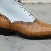 Men's White and Tan Crocodile-Embossed Leather Oxford Boots
