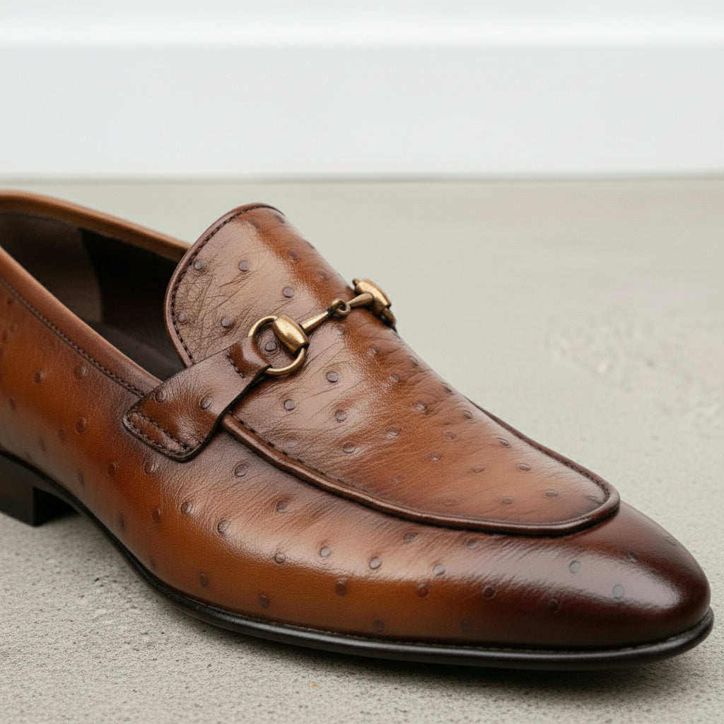 Men's Brown Ostrich-Embossed Leather Bit Loafers