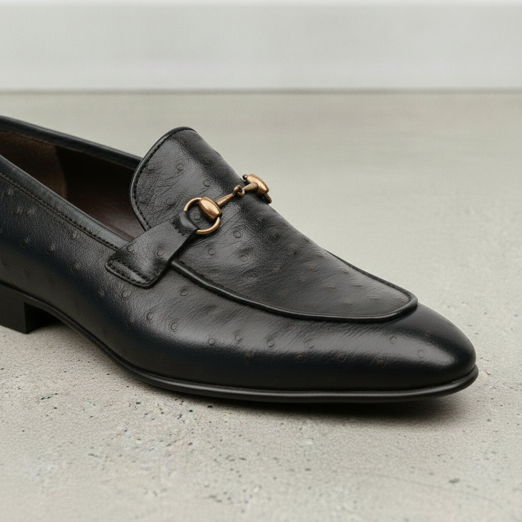Men's Black Ostrich-Embossed Leather Bit Loafers