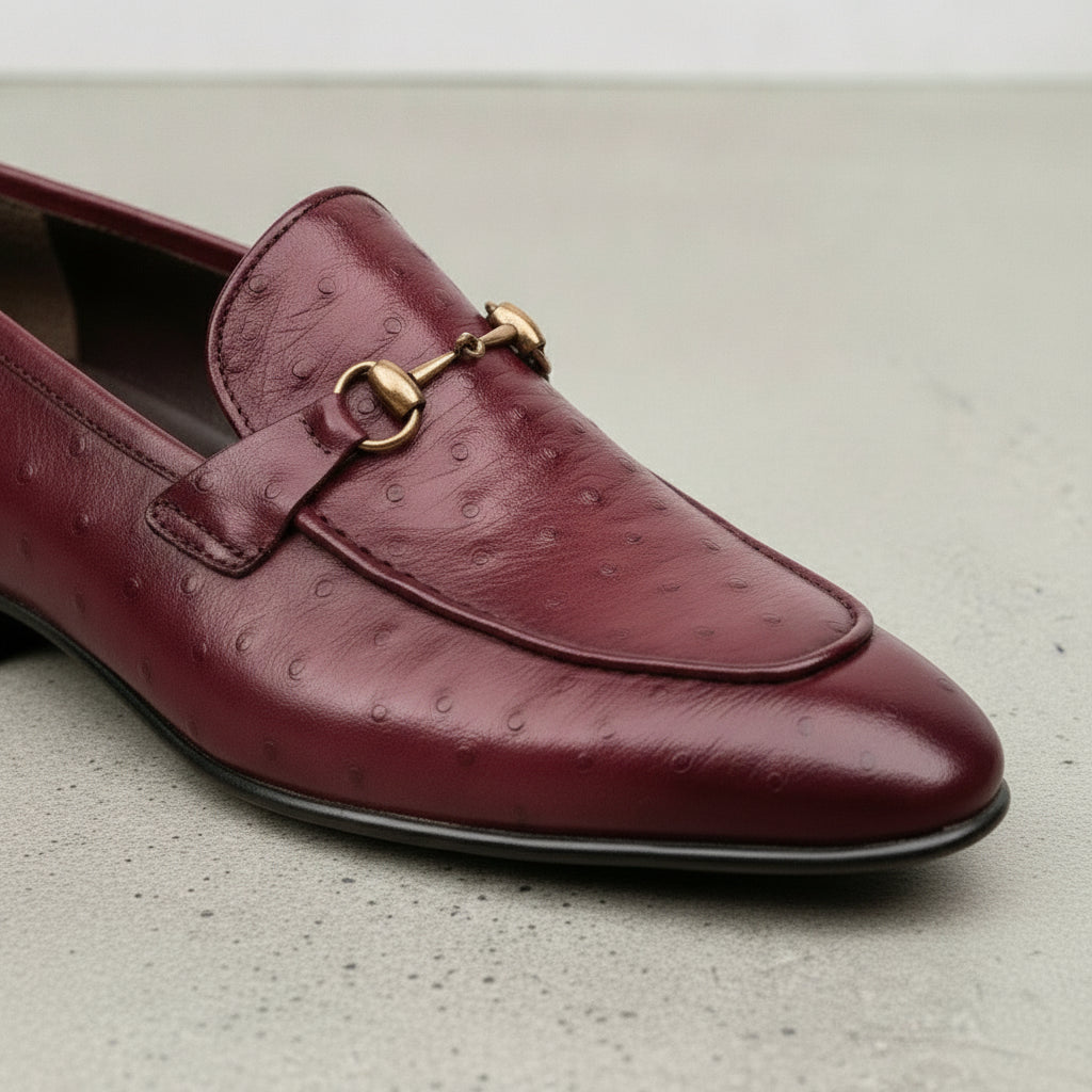 Men's Burgundy Ostrich-Embossed Leather Bit Loafers