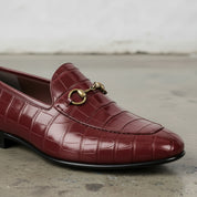 Men's Burgundy Crocodile-Embossed Leather Bit Loafers