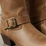 Men's Tan Plain-Toe Leather Biker Boots