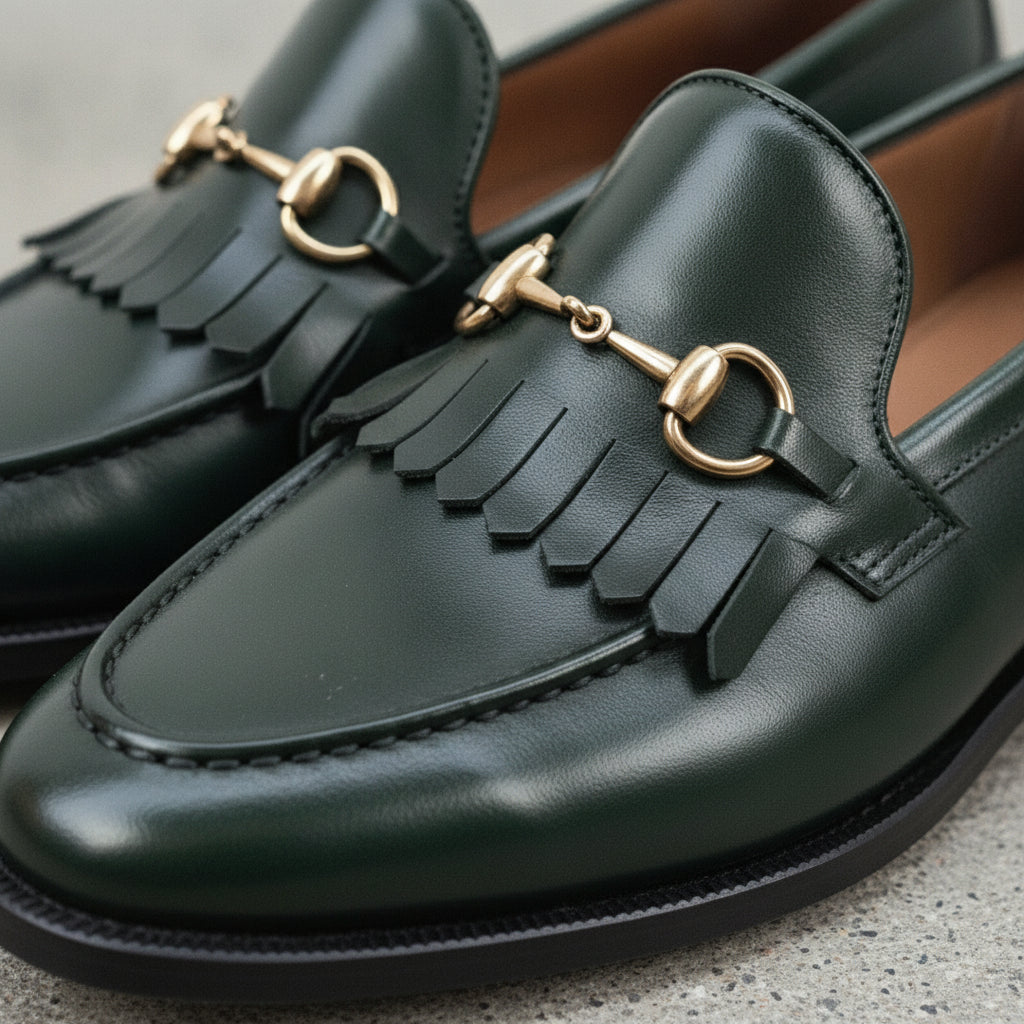Men's Dark Green Apron-Toe Leather Bit Loafers