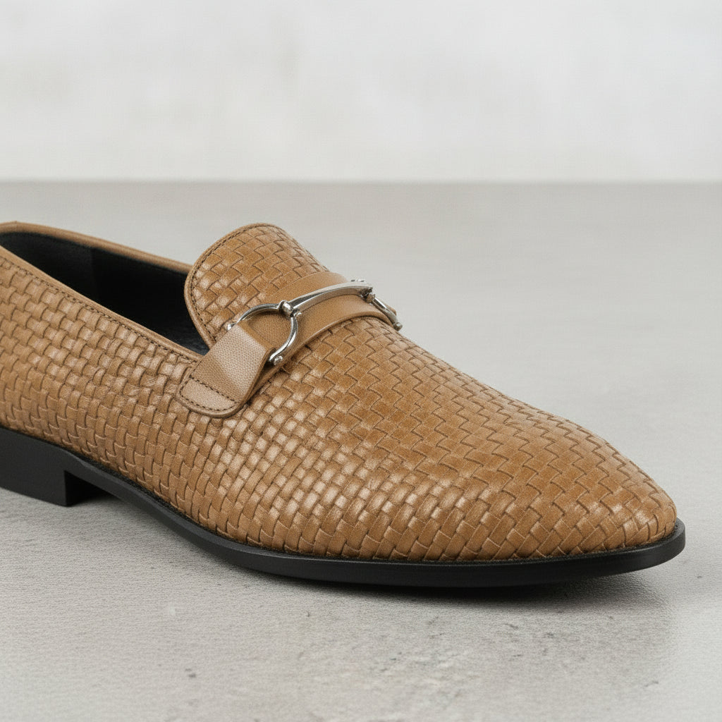 Men's Tan Woven Leather Bit Loafers