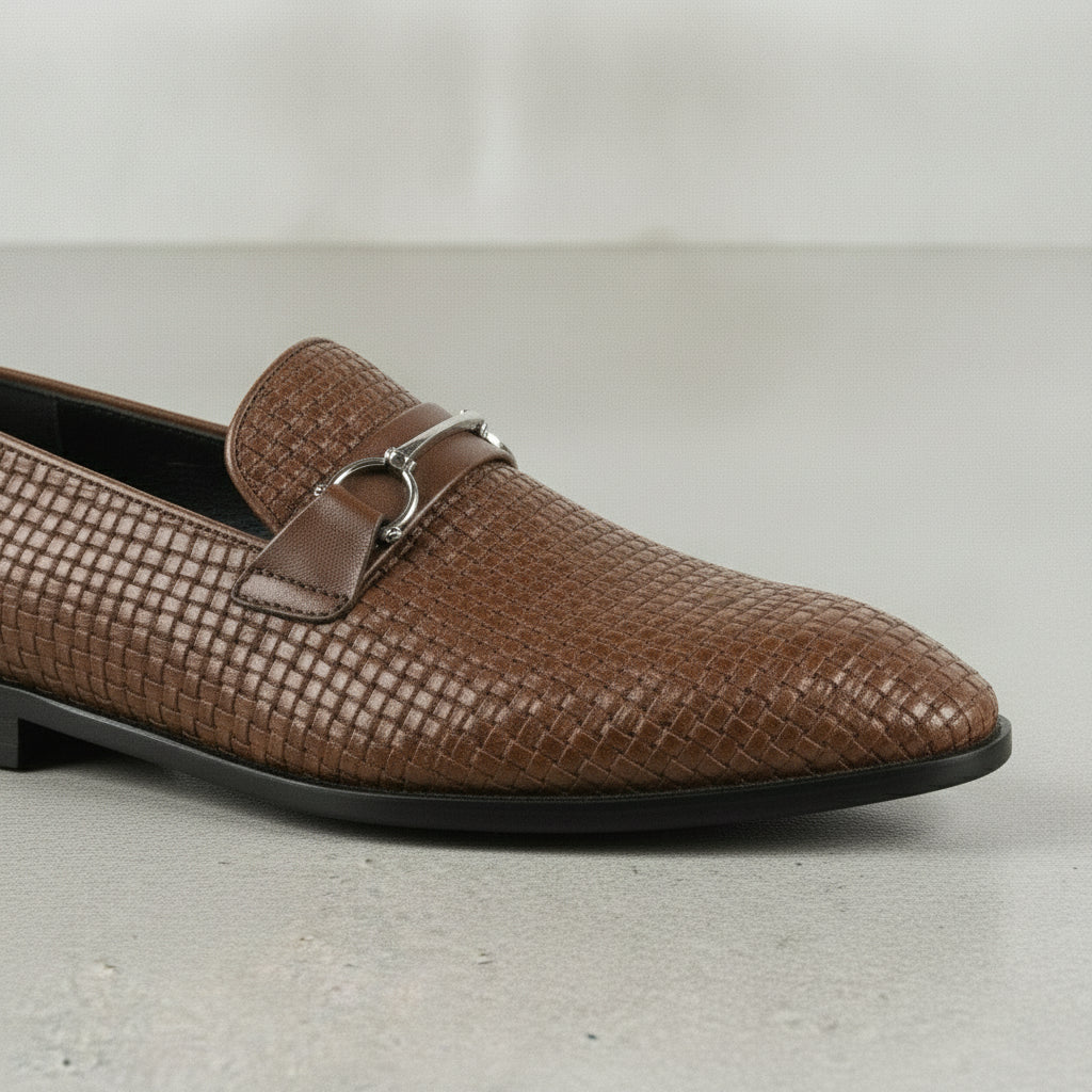 Men's Brown Woven Leather Bit Loafers