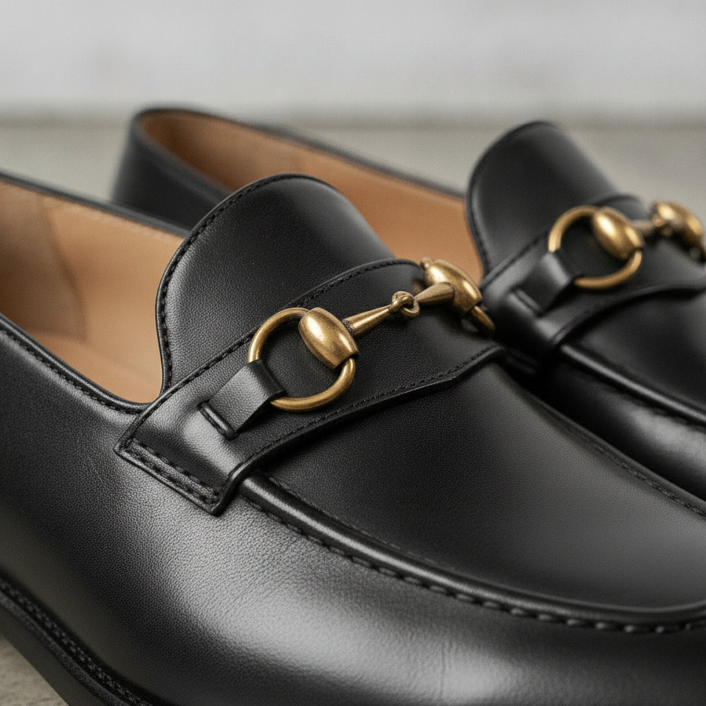 Men's Black Apron-Toe Leather Bit Loafers