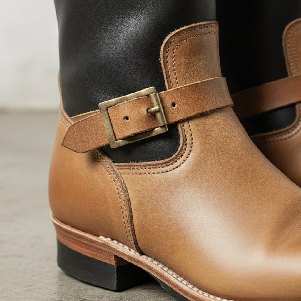 Men's Tan and Brown Plain-Toe Leather Biker Boots