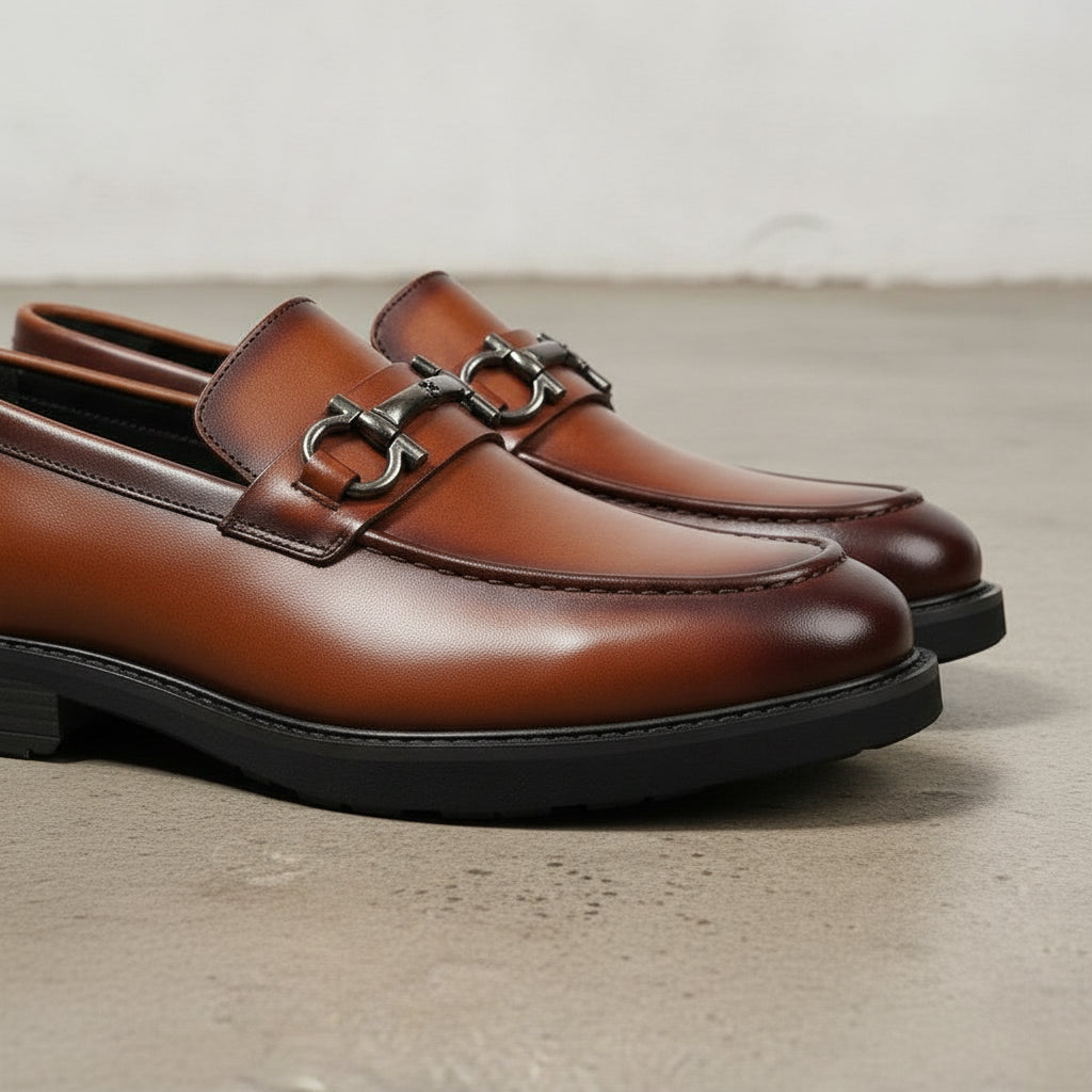 Men's Brown Apron-Toe Leather Bit Loafers