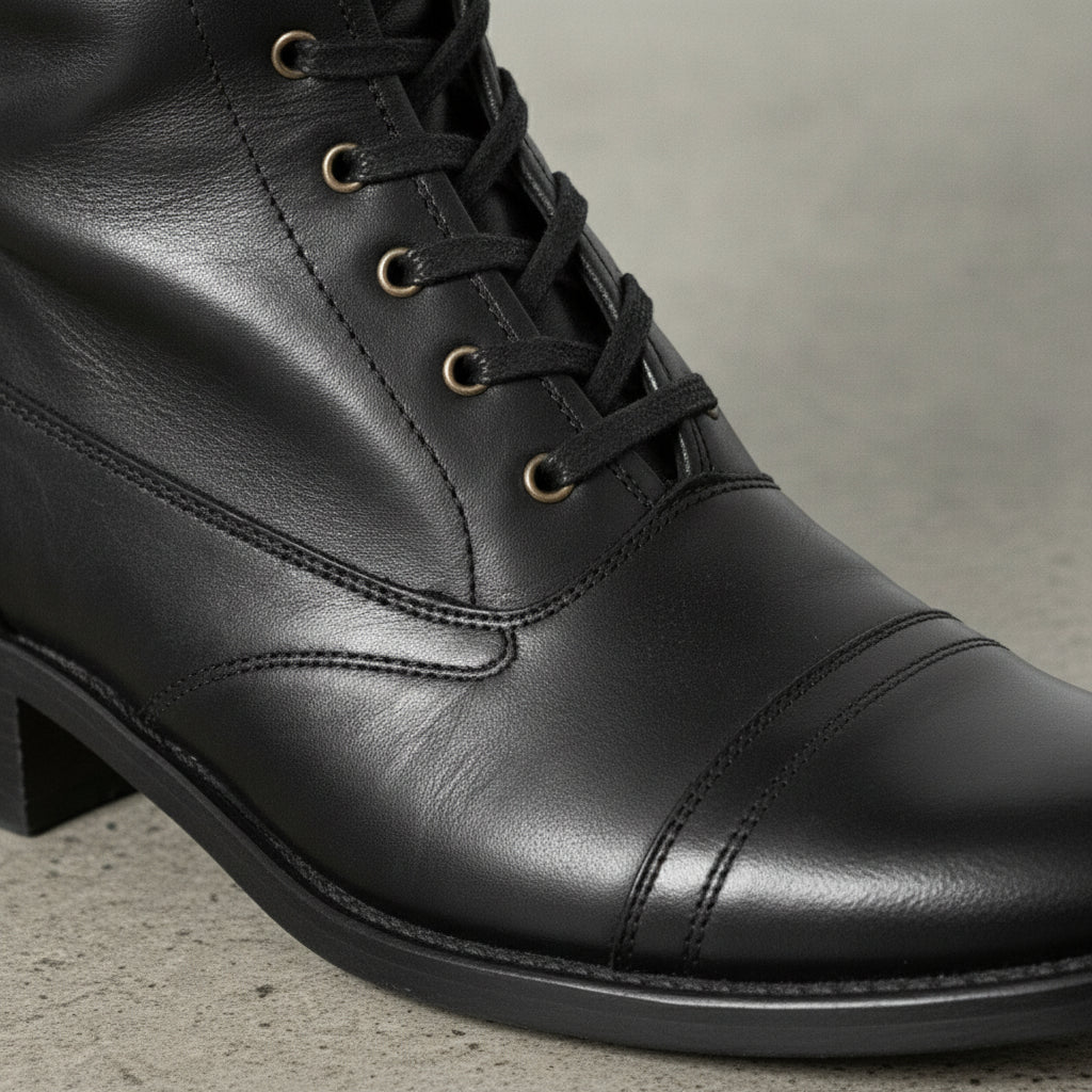 Men's Black Cap-Toe Leather Knee-High Biker Boots