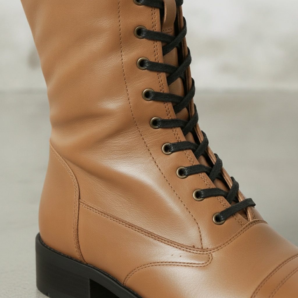 Men's Tan Cap-Toe Leather Knee-High Biker Boots