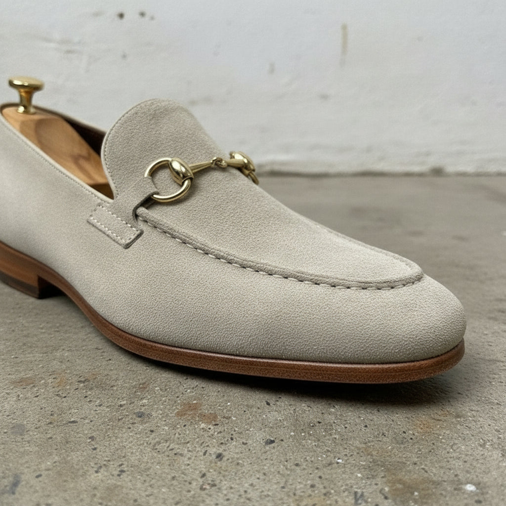 Men's Light Grey Apron-Toe Suede Bit Loafers