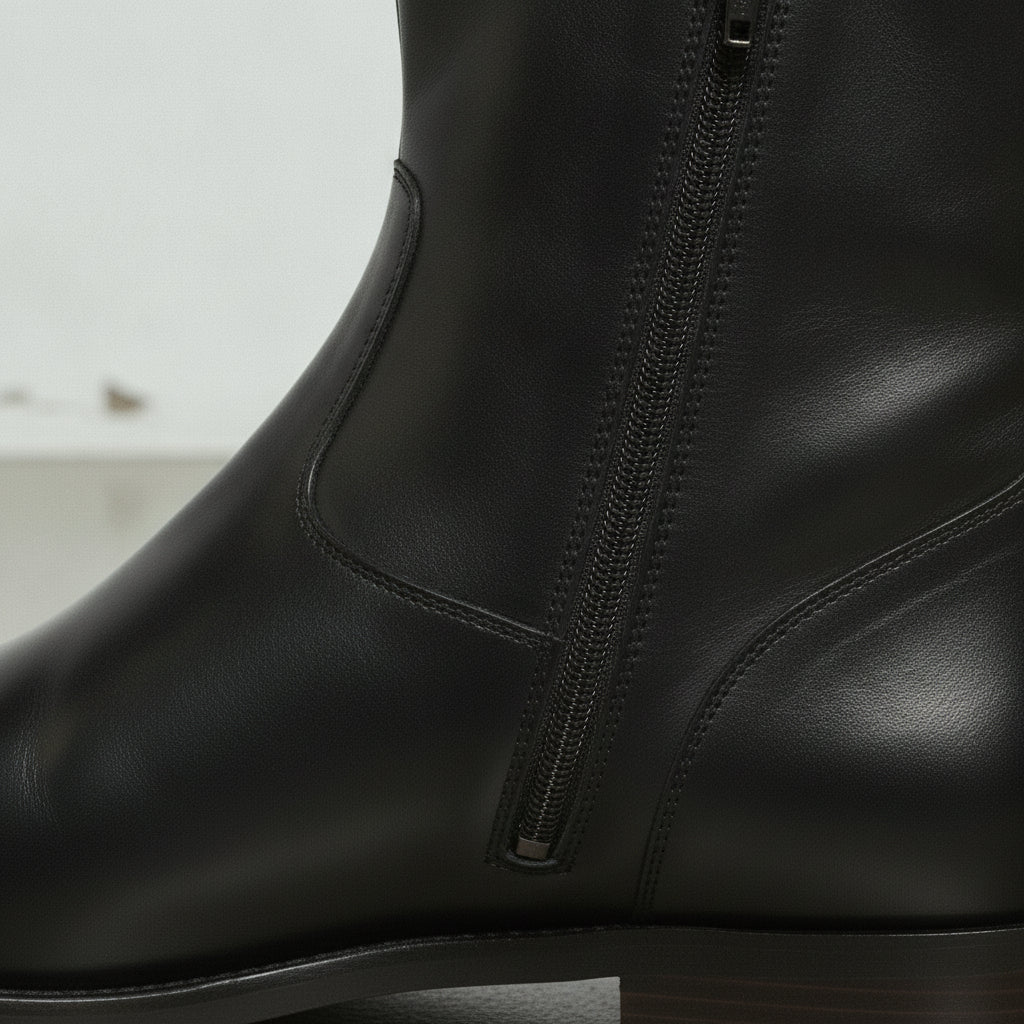 Men's Black Plain-Toe Leather Ankle Biker Boots