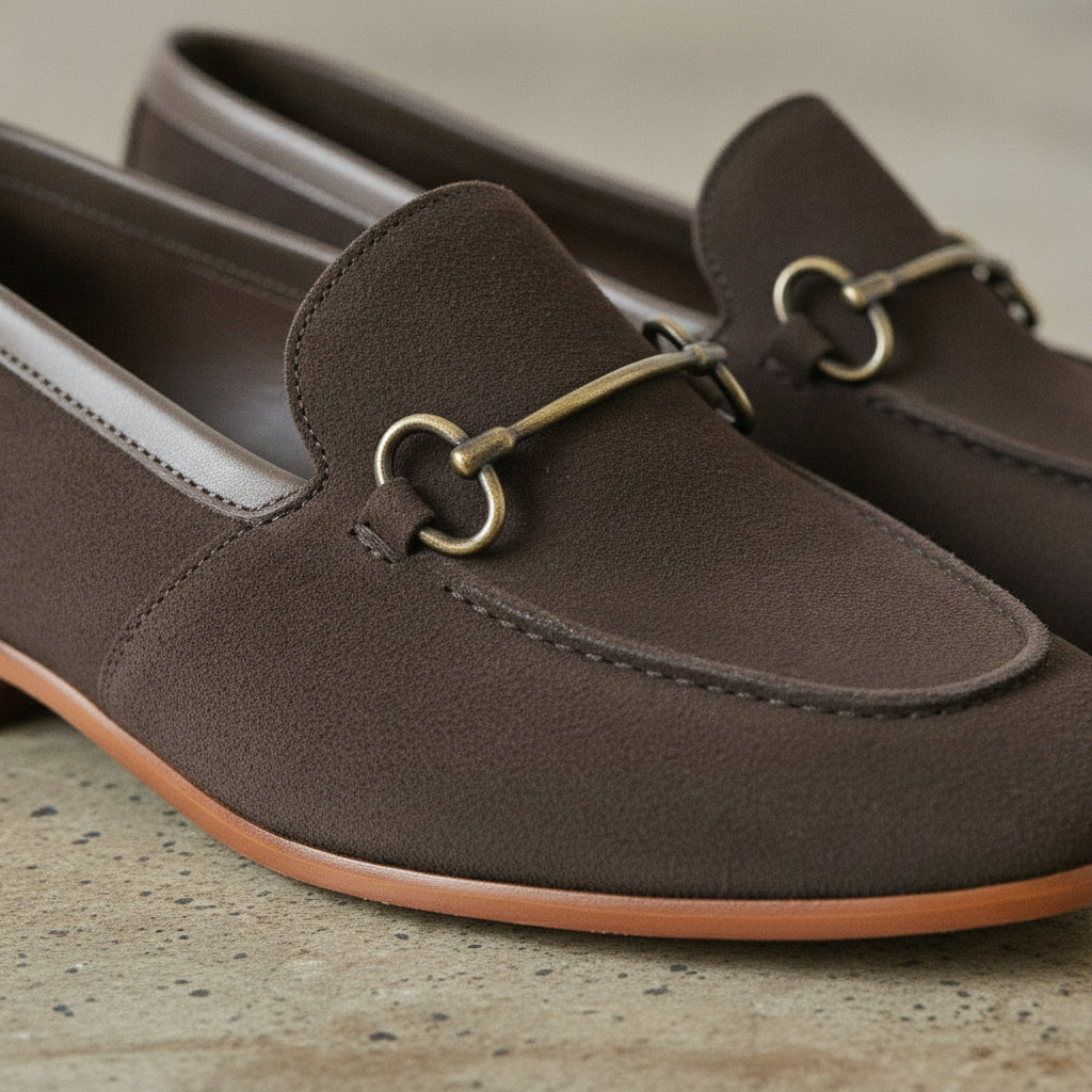Men's Dark Brown Apron-Toe Suede Bit Loafers