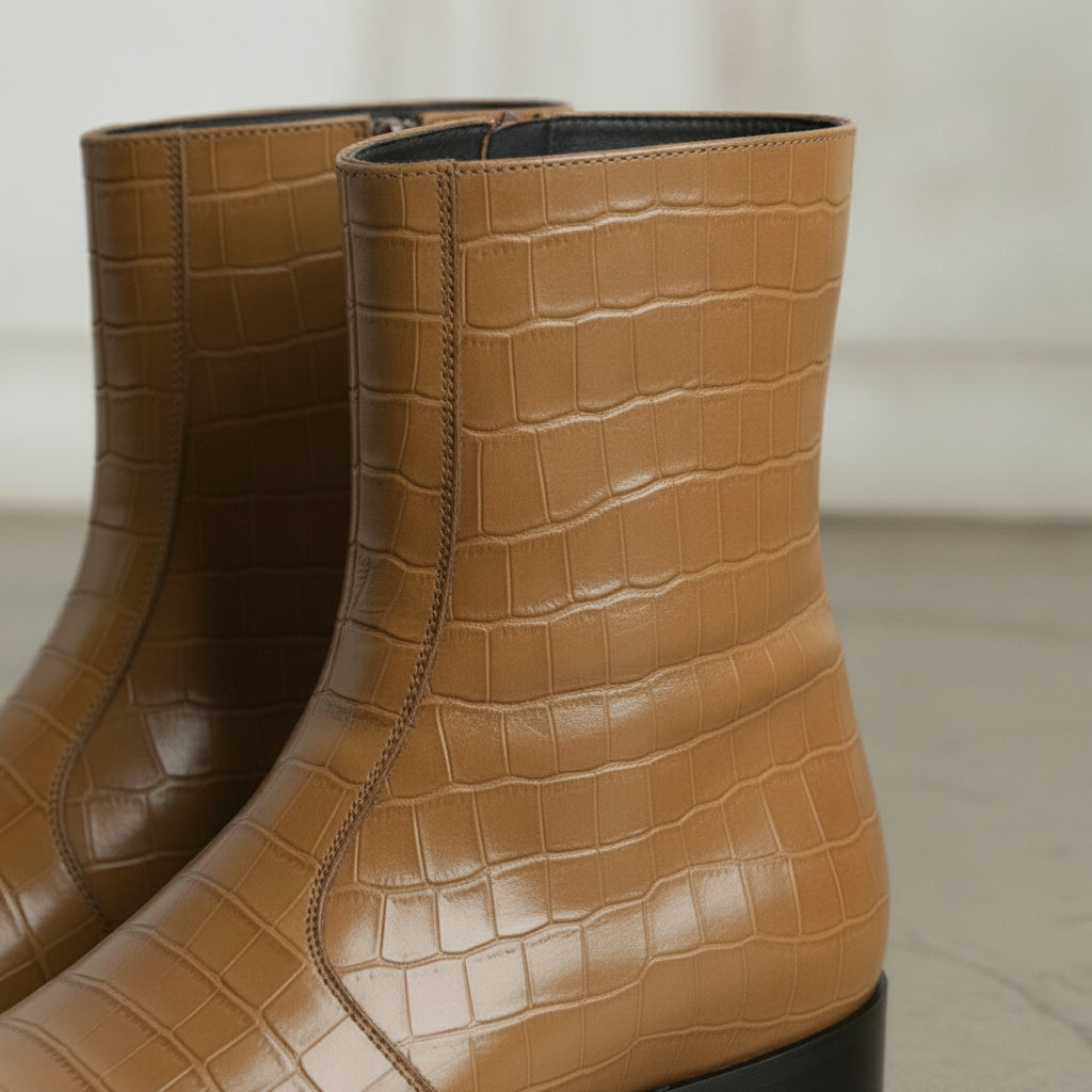 Men's Tan Crocodile-Embossed Leather Ankle Boots