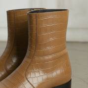 Men's Tan Crocodile-Embossed Leather Ankle Boots