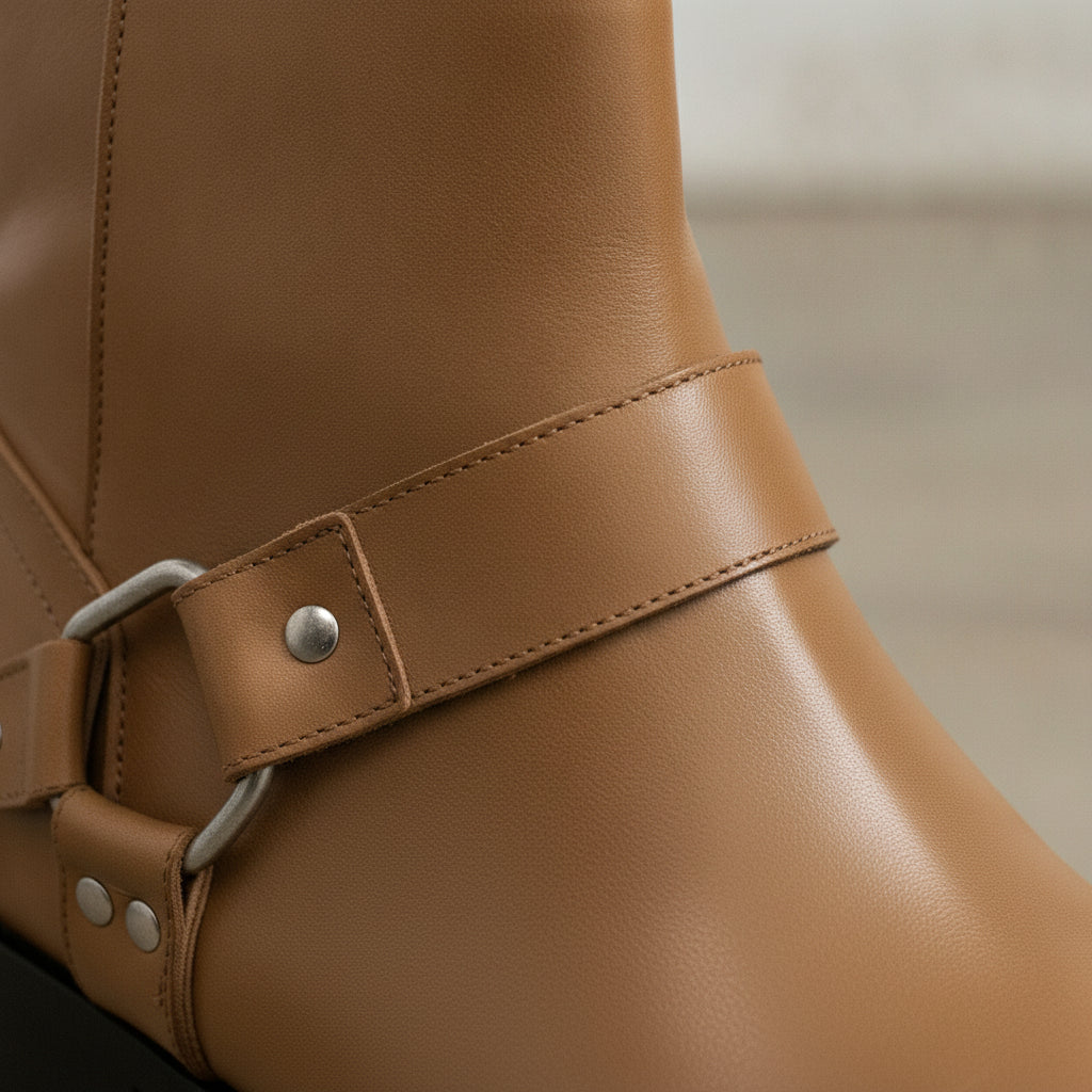 Men's Tan Plain-Toe Leather Ankle Biker Boots
