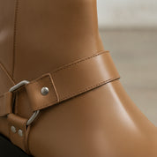 Men's Tan Plain-Toe Leather Ankle Biker Boots