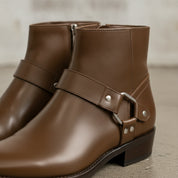 Men's Brown Plain-Toe Leather Ankle Biker Boots