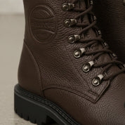 Men's Brown Plain-Toe Pebbled Leather Biker Boots