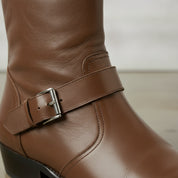 Men's Brown Plain-Toe Leather Biker Boots