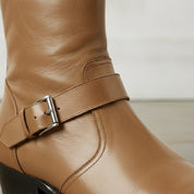 Men's Tan Plain-Toe Leather Biker Boots