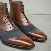 Men's Brown and Dark Blue Cap-Toe Leather Ankle Boots