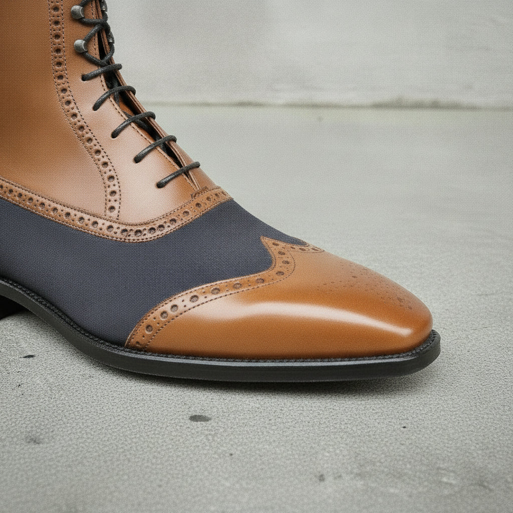 Men's Tan and Dark Blue Cap-Toe Leather Ankle Boots