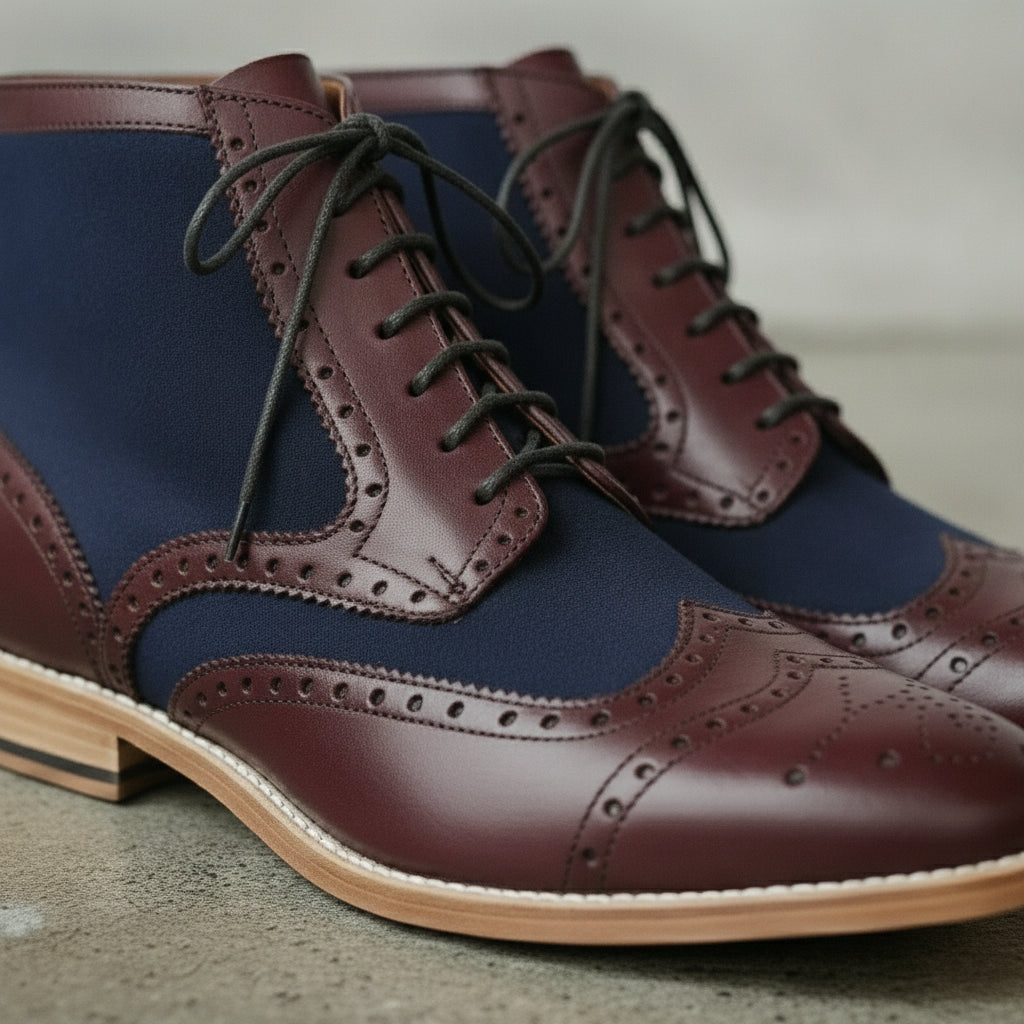 Men's Blue and Burgundy Wingtip Leather Derby Boots — Enbourne — Enbourne