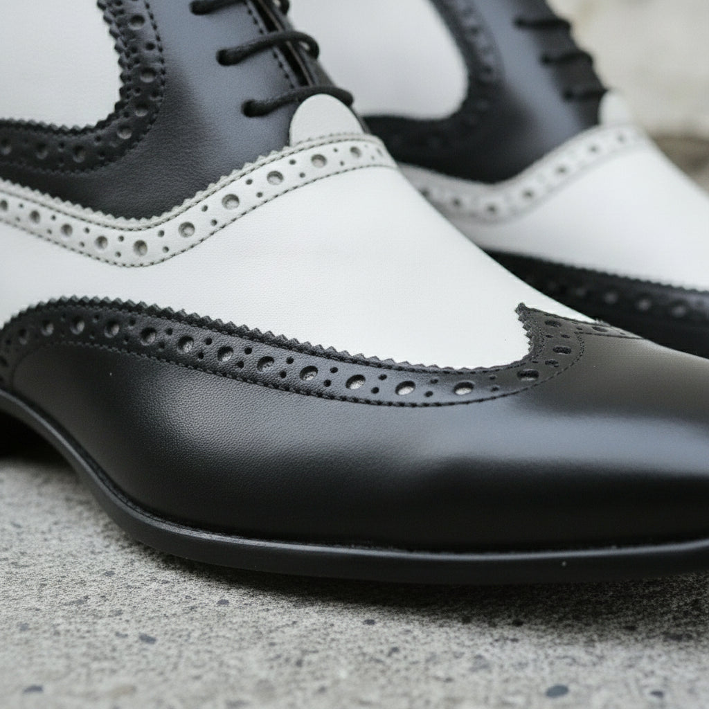 Men's Black and White Wingtip Leather Spectator Oxfords
