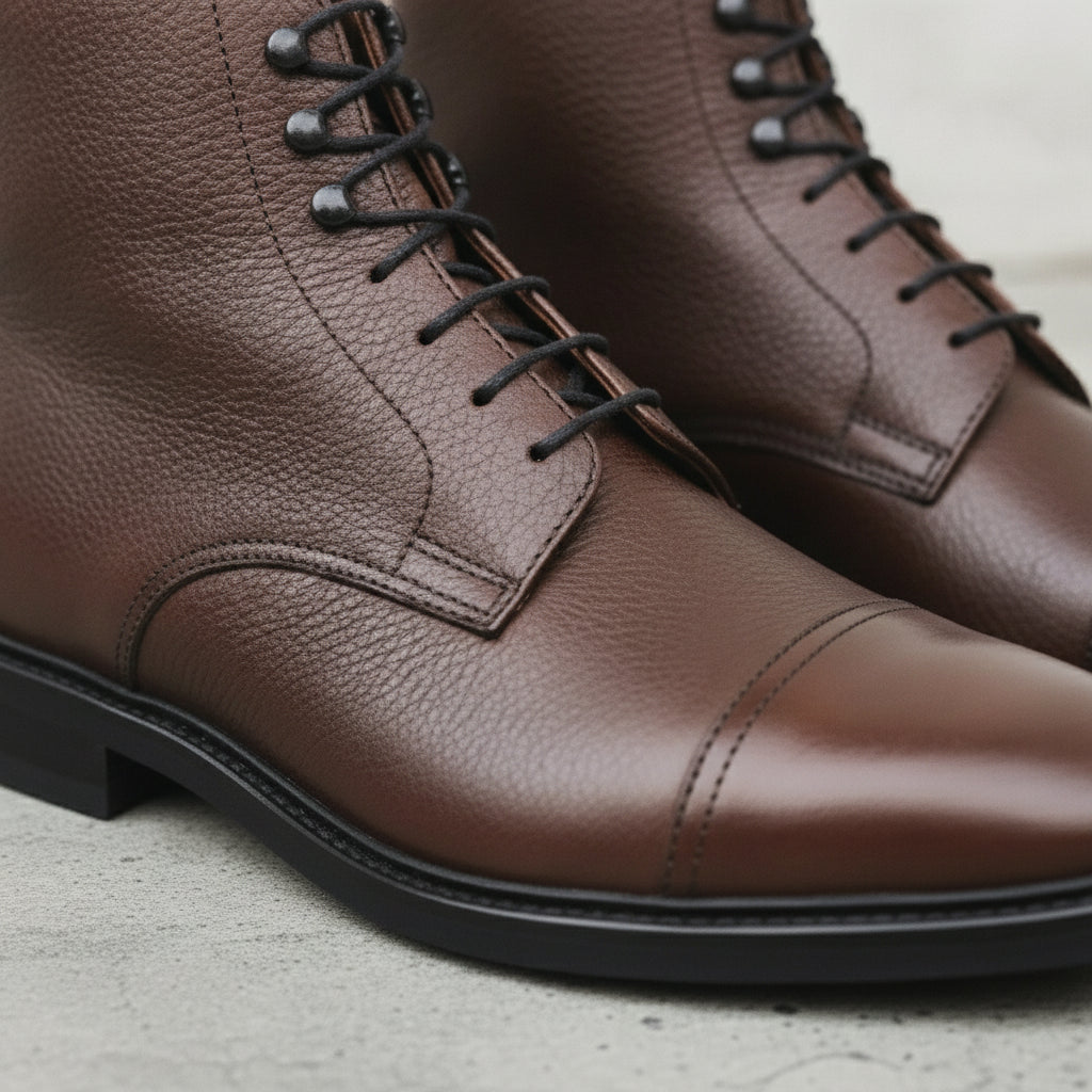 Men's Brown Cap-Toe Pebbled Leather Ankle Boots — Sleaford
