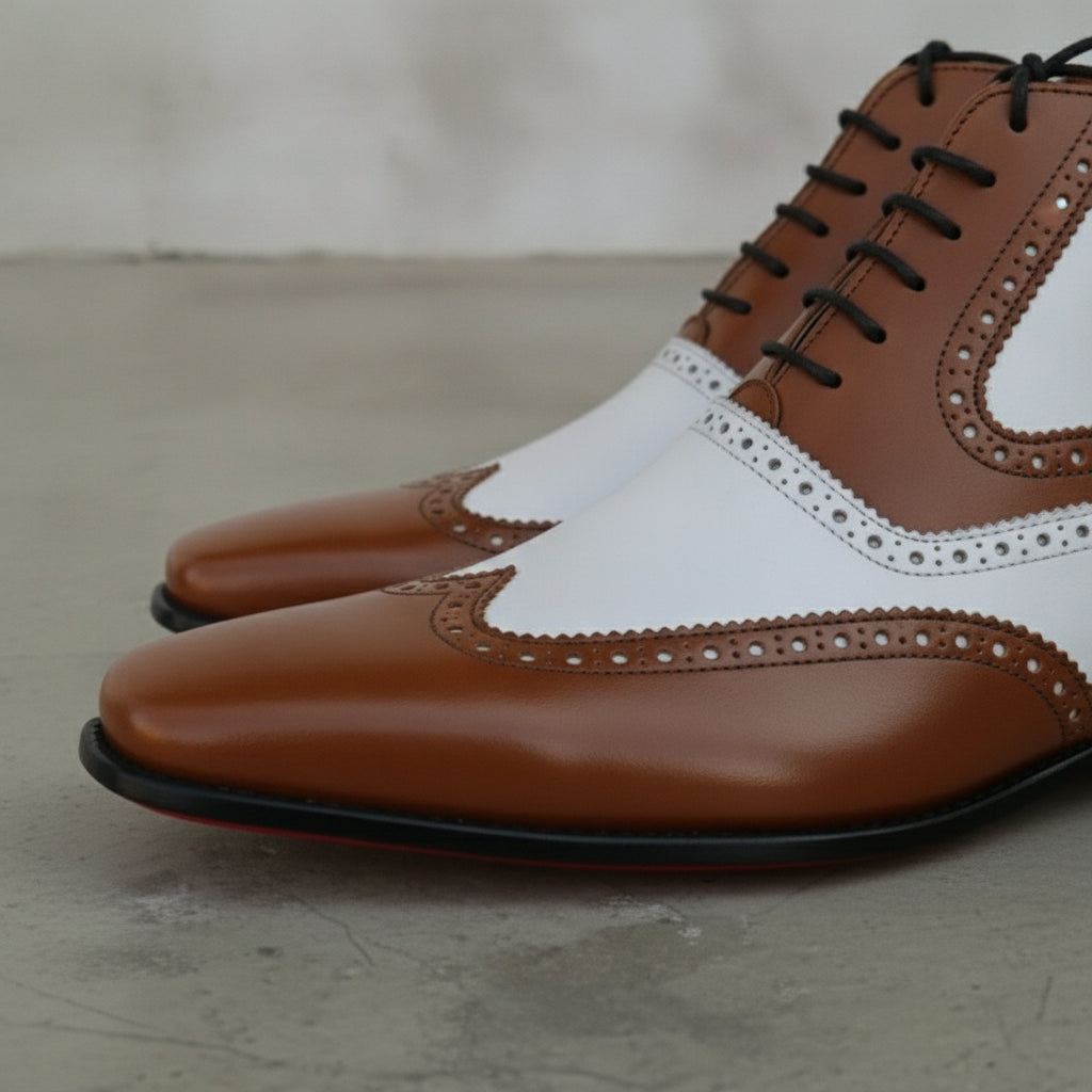Men's Brown and White Wingtip Spectator Leather Ankle Boots — Donne