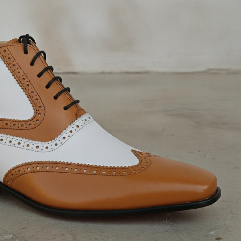 Men's Tan and White Wingtip Spectator Leather Ankle Boots — Donne