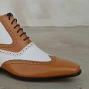Men's Tan and White Wingtip Spectator Leather Ankle Boots — Donne
